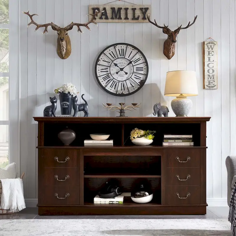 60-Inch Retro TV Stand Entertainment Center with 2 Cabinets and Open Shelves - Dimensions: 60W x 15.75D x 34.25H