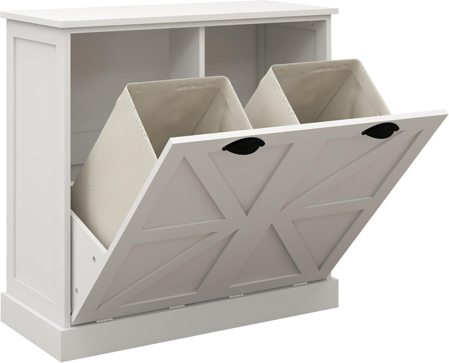 LUMISOL Double Tilt-Out Laundry Hamper Cabinet, Farmhouse Rustic White Laundry Cabinet with Hidden Fabric Baskets, Wooden Can Storage Cabinets with Barn Doors for Bathroom, Kitchen, White