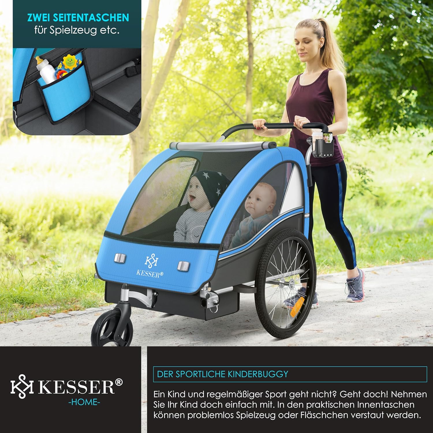 KESSER Kinderfahrradanhänger Sport-RX 2in1 Jogger & Buggy 5-Punkt-Gurt Sicherheitsgurt 360° Vorderrad Kinderfahrradanhänger Reflektoren für 1-2 Kinder (max. 40 kg) Getränkehalter & Smartphonefach