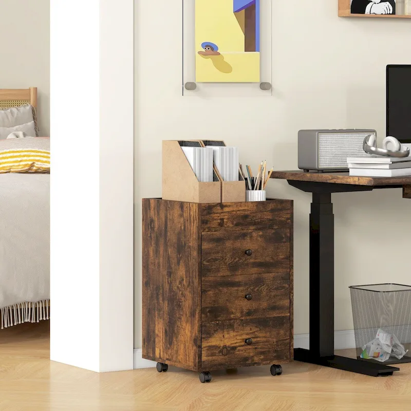 HOMCOM Mobile 3-Drawer Office Storage Cabinet with Removable Tray - Under-Desk Printer Stand on Wheels