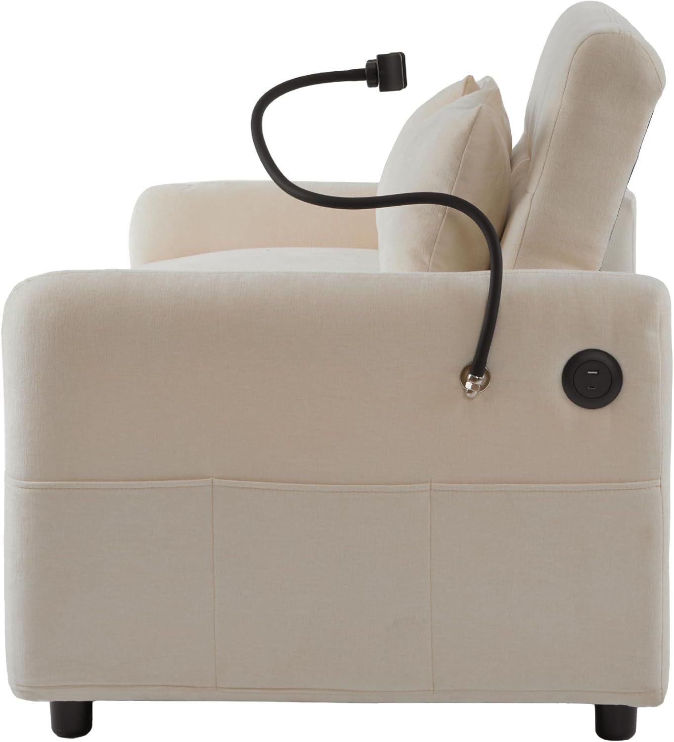 Azkoeesy Sofá cama plegable con función de sueño, sofá de 2 plazas con respaldo ajustable, soporte para teléfono móvil, USB, 2 almohadas, tela de chenilla, para salón, dormitorio, cine en casa (beige)