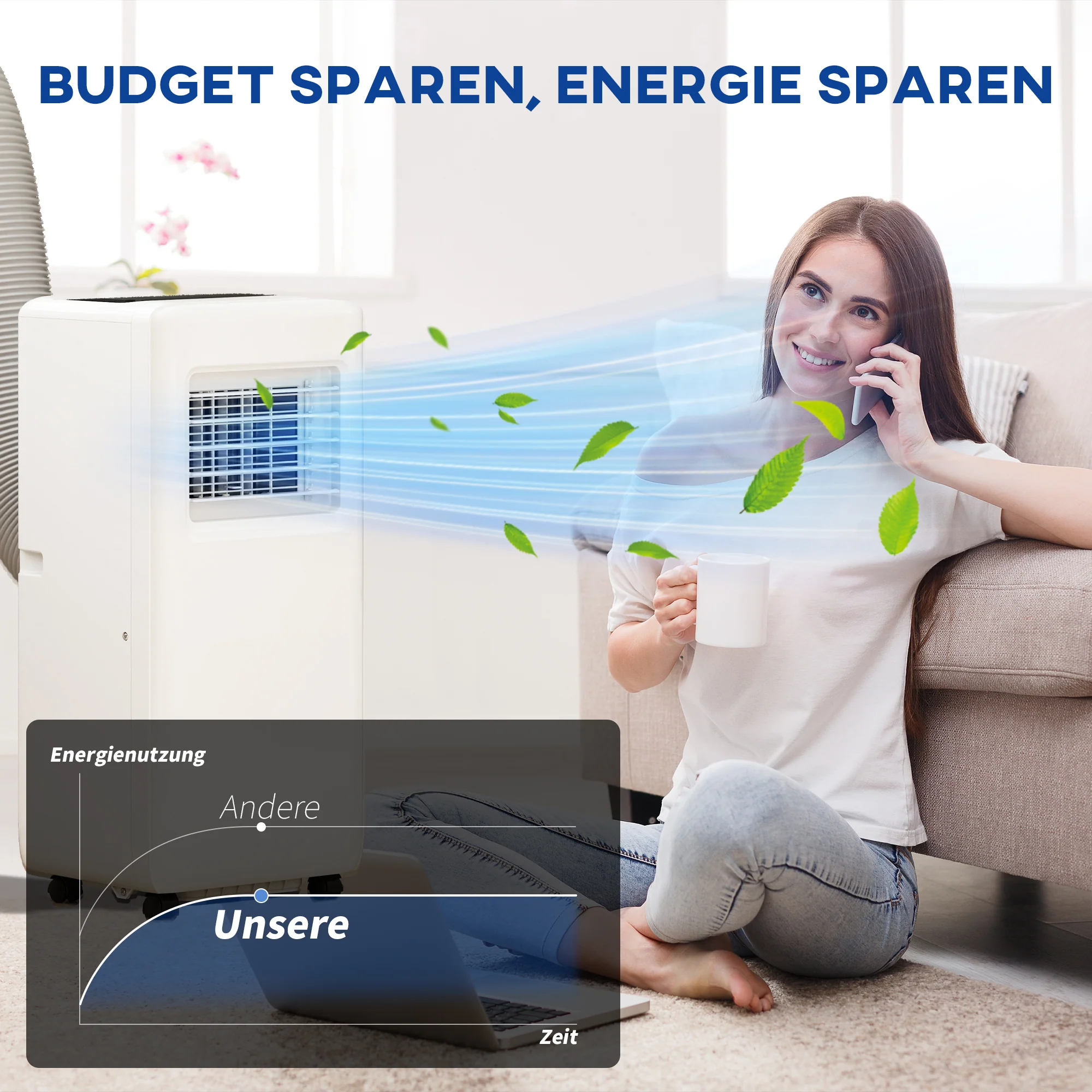 HOMCOM Draagbare Airconditioner met Meerdere Standen, LED-Display, Timer en Wielen, Wit