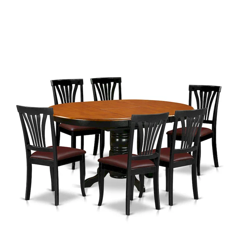East West Furniture 7-Piece Round Dining Set - Black & Cherry Kitchen Table with 6 Chairs (Seat Options Available)