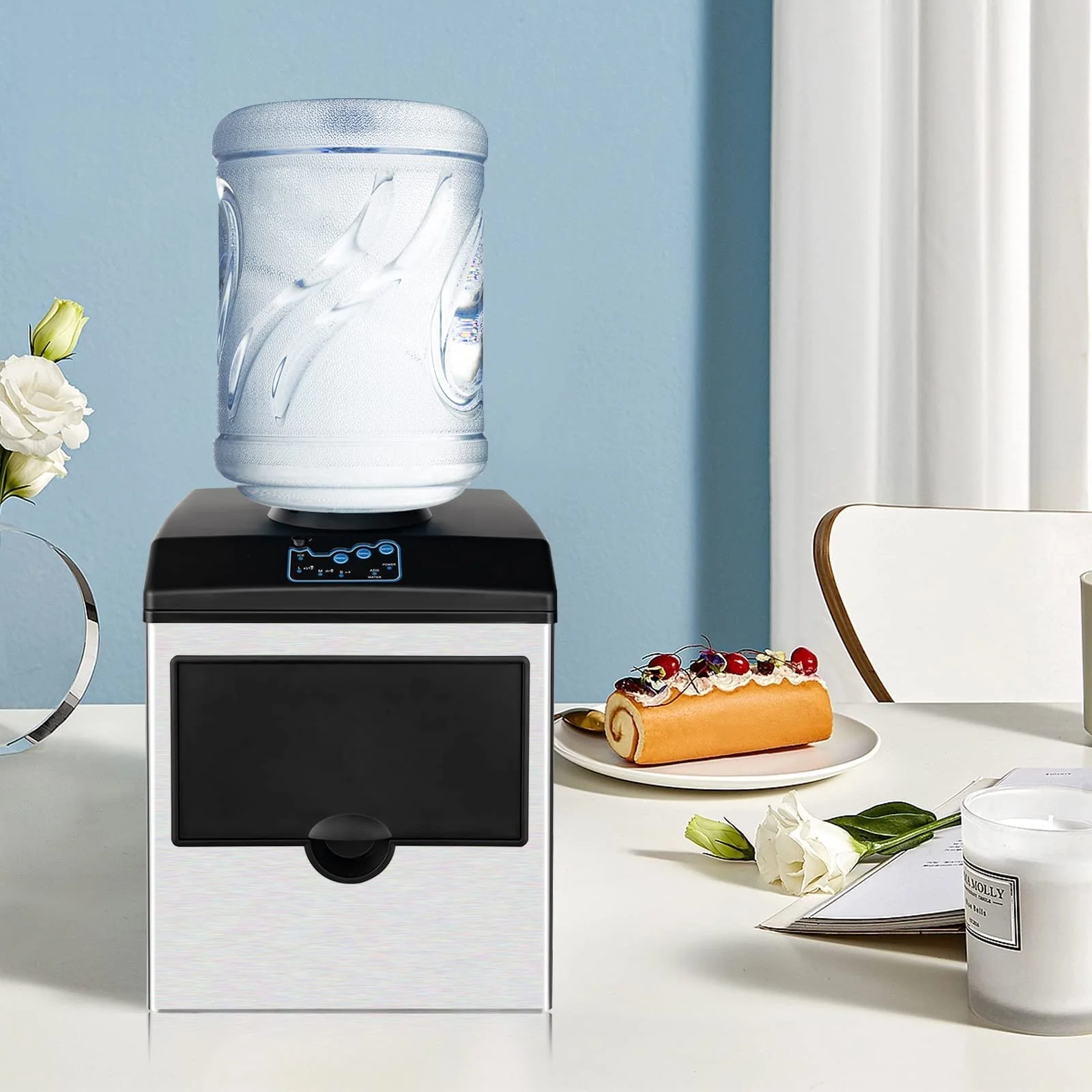 2 in 1 Countertop Ice Maker Machine with Water Cooler Dispenser Combo, 48LBS/24H, S-M-L 3 Sizes Bullet Ice
