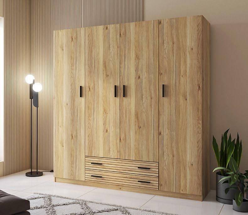 Armario 4 Puertas con 2 Cajones, Incluye 2 Estantes y 3 Barras para Colgar, Color Mauvella-Rayas, 208 x 199,8 x 51,6 cm