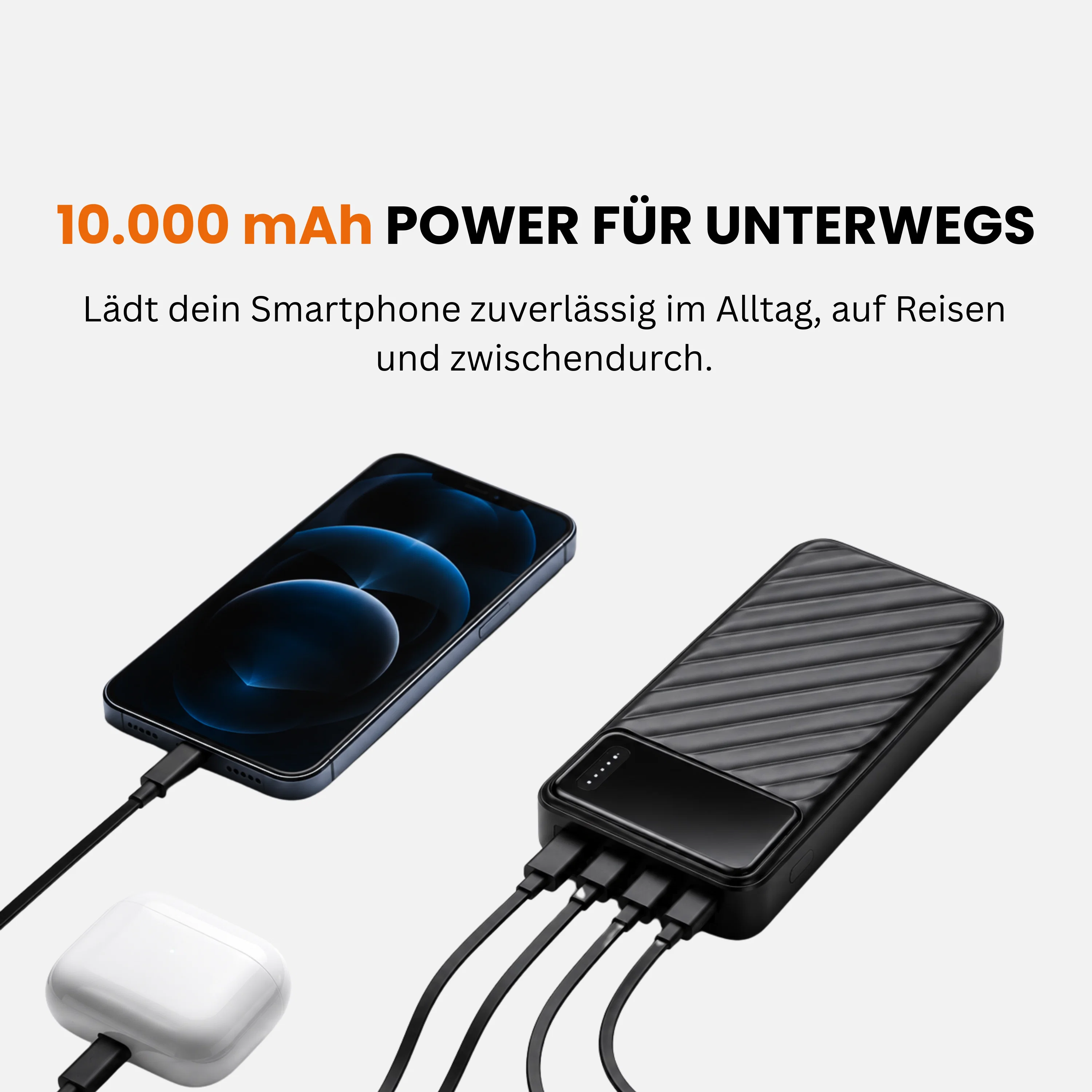 Powerbank 20.000 mAh mit integriertem USB-C-, USB-A & Lightning-Kabel Externer Akku mit Schnellladefunktion