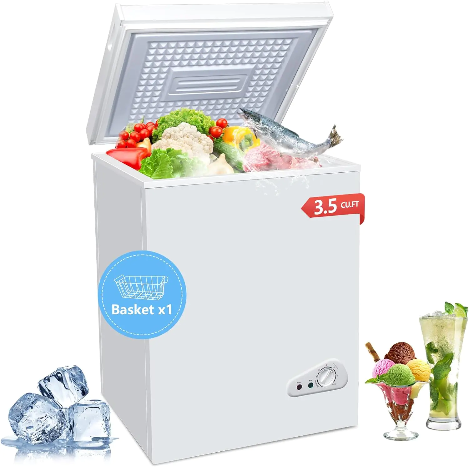 3.5 Cu.Ft Chest Freezer with a Removable Basket 7 Gears Adjustable Temperature Control(-18F to -46F), Deep Compact Freezer for Garage, Office, Basement, House, Kitchen, Shop, RVs-White