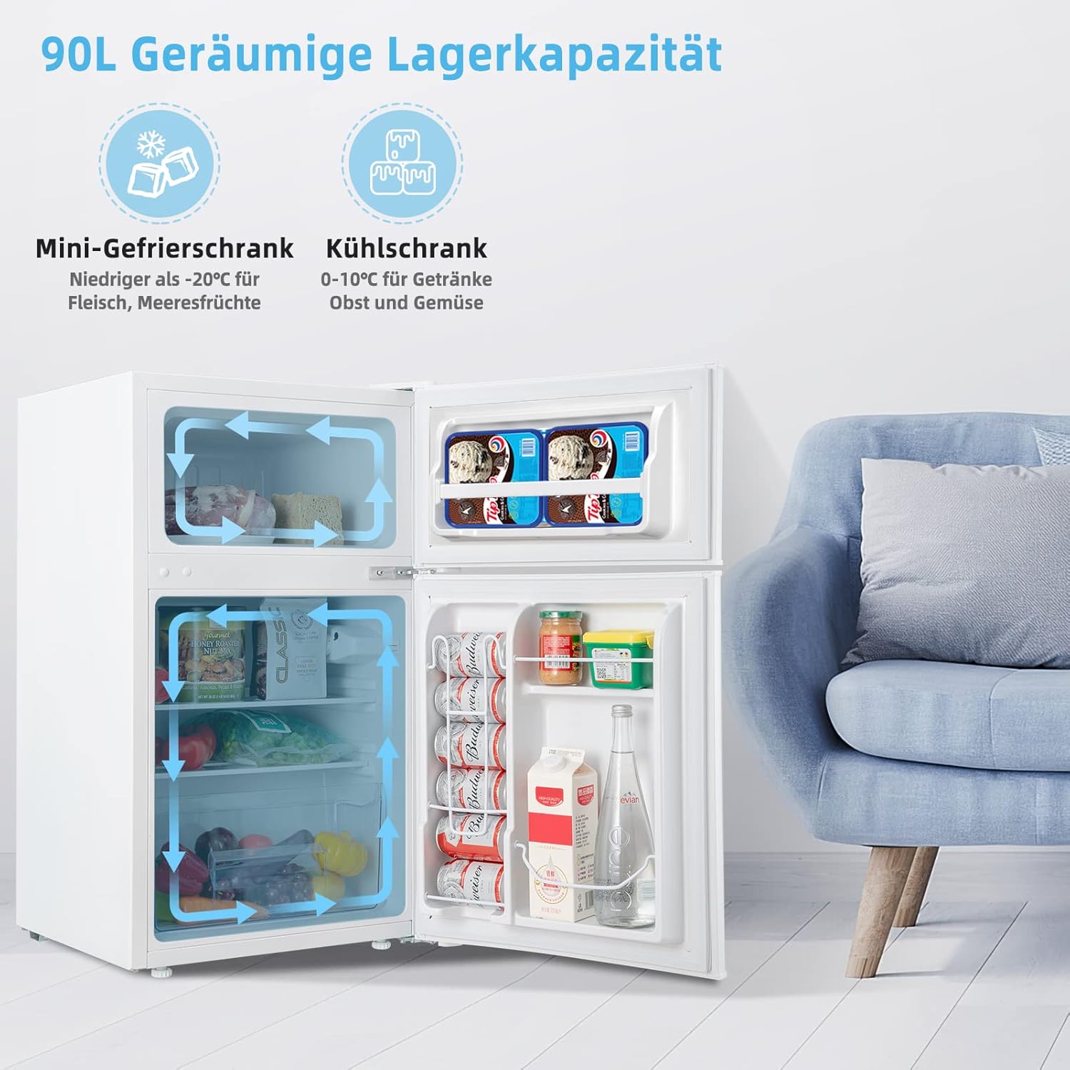 COSTWAY 90L Kühlschrank mit 27L Gefrierfach Kühl-Gefrier-Kombination Standkühlschrank Gefrierschrank mini Kühlschrank (weiß)