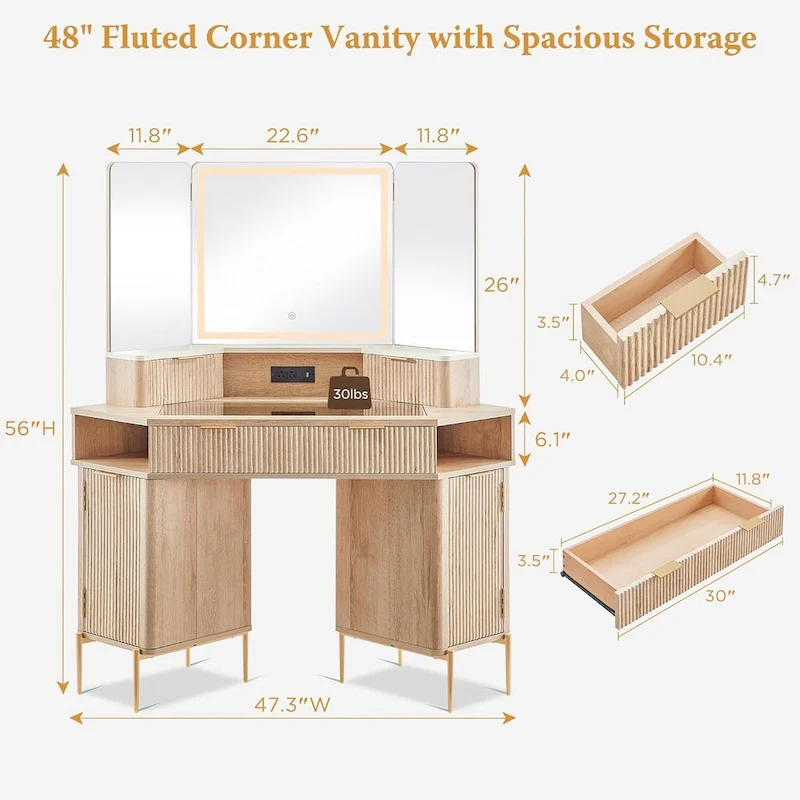 Contemporary Fluted Makeup Vanity Table with 3-Way Mirror and Integrated Lighting