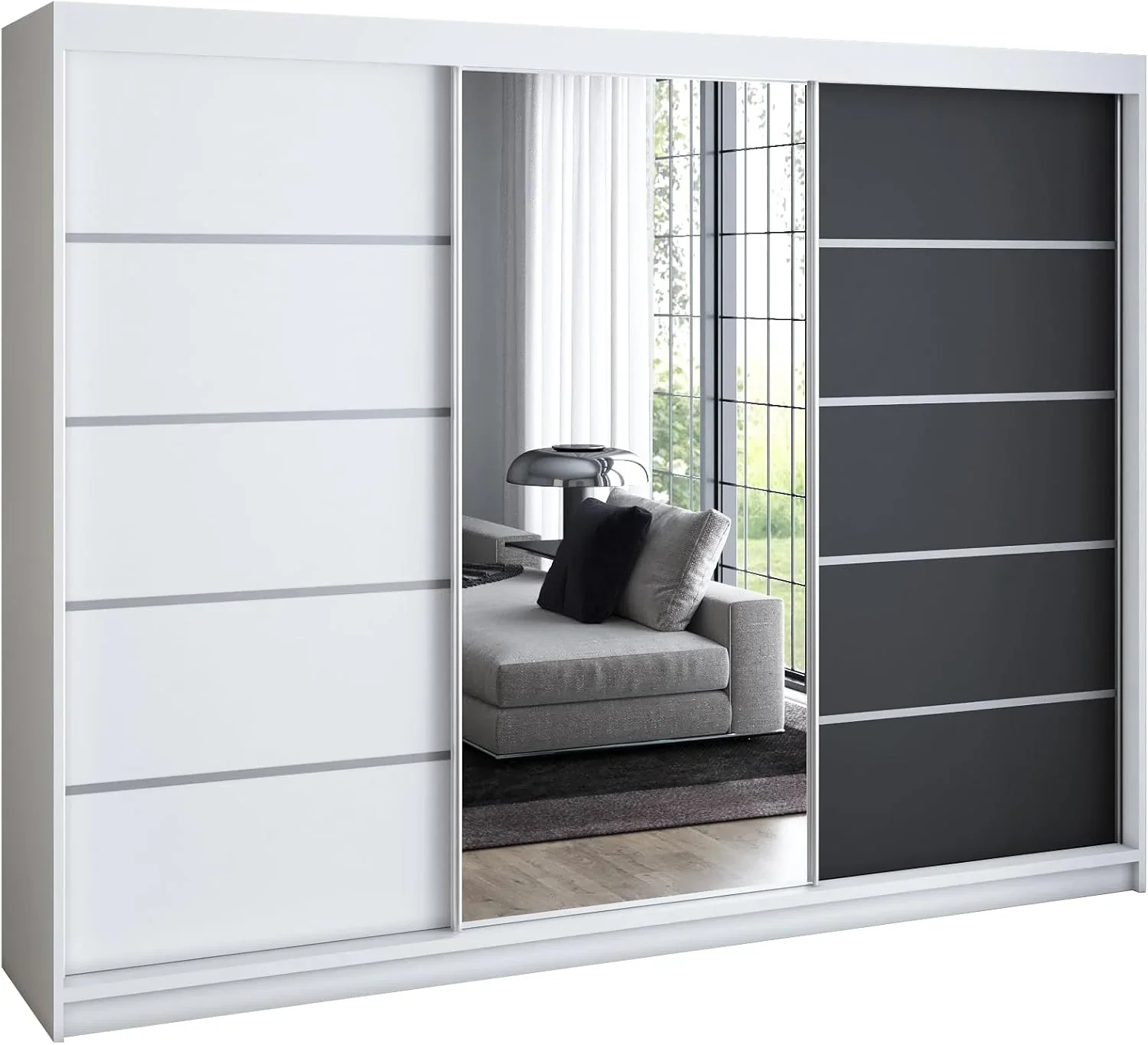 A&J MöbelLand Armario de puertas correderas VILUNO 1, ropero de 3 puertas de 200 cm con espejo, 4 cajones y 2 barras para ropa, armario espacioso para dormitorio (blanco/negro)