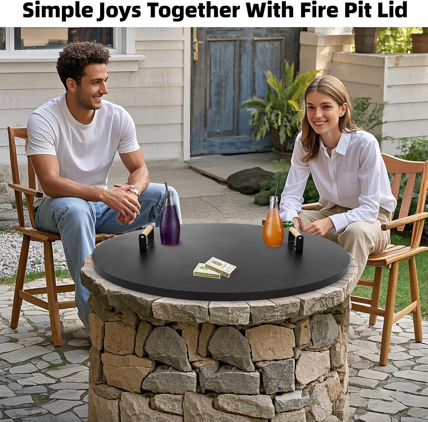 1MORE Fire Pit Lid Round 38" - Metal Firepits Cover with Wooden Handles for Patio Firepits,Rust Resistant 1.5mm Fire Pits Metal Lid, Firepits Accessory, Fire Pits Cover Round, All-season Protective
