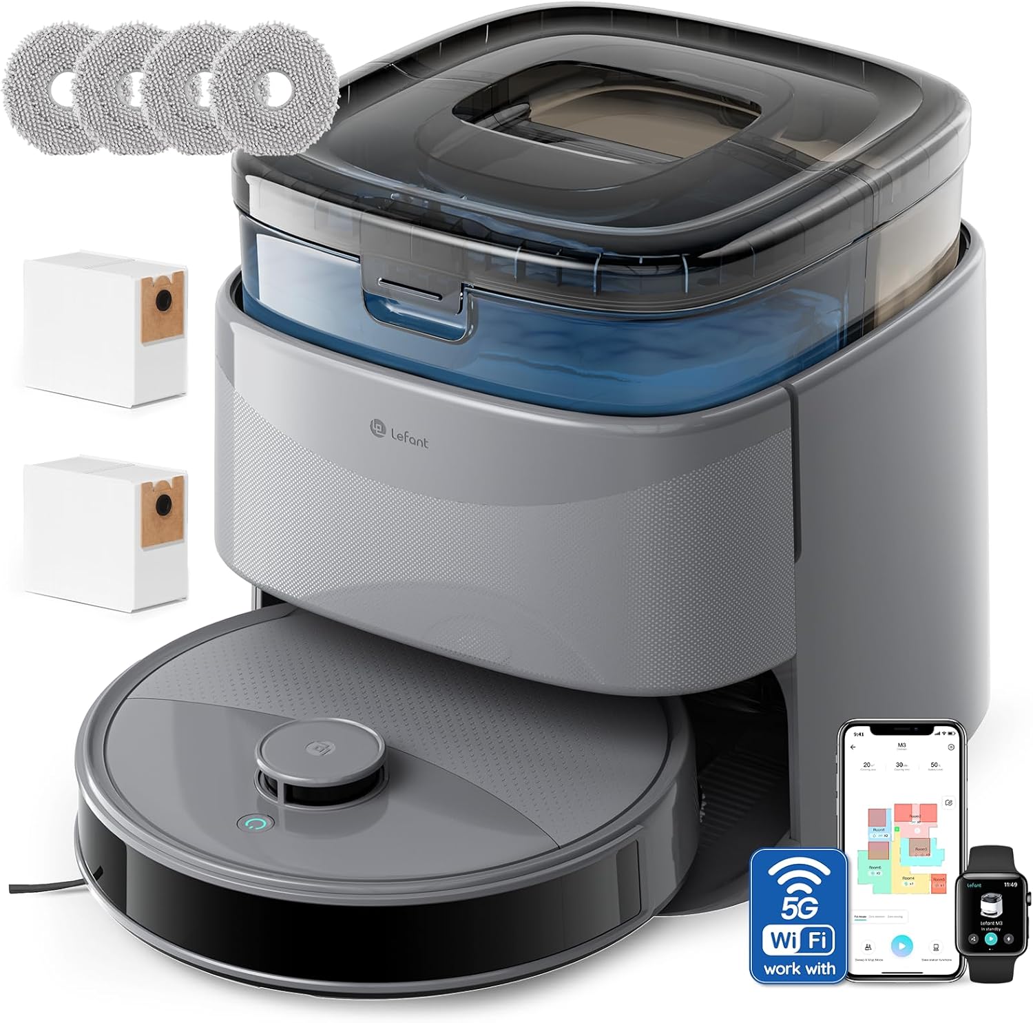 Lefant M3 Robot Aspirapolvere Lavapavimenti con Mappatura, Aspirazione 12000Pa, Doppi Mop Rotanti,  dToF, Sensori PSD, Lavaggio Mop 45°C, Autosvuotamento 3,2L, WiFi, Alexa/App, Grigio