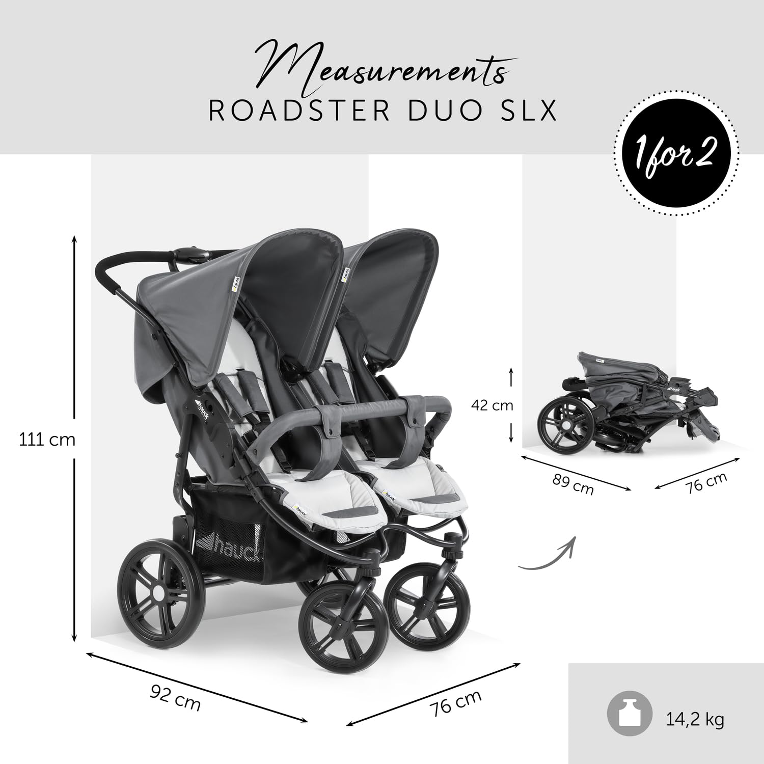 hauck Geschwisterwagen Roadster Duo SLX, Zwillingsbuggy ab Geburt bis 15 kg (ca. 3 Jahren) mit Liegefunktion, XL Korb, Einfach und Klein Zusammenklappbar, Große Räder (Grey/Silver)