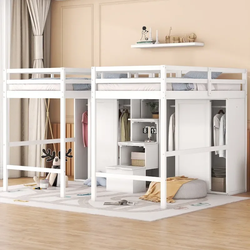 Double Twin Loft Beds with Wardrobes and Staircase