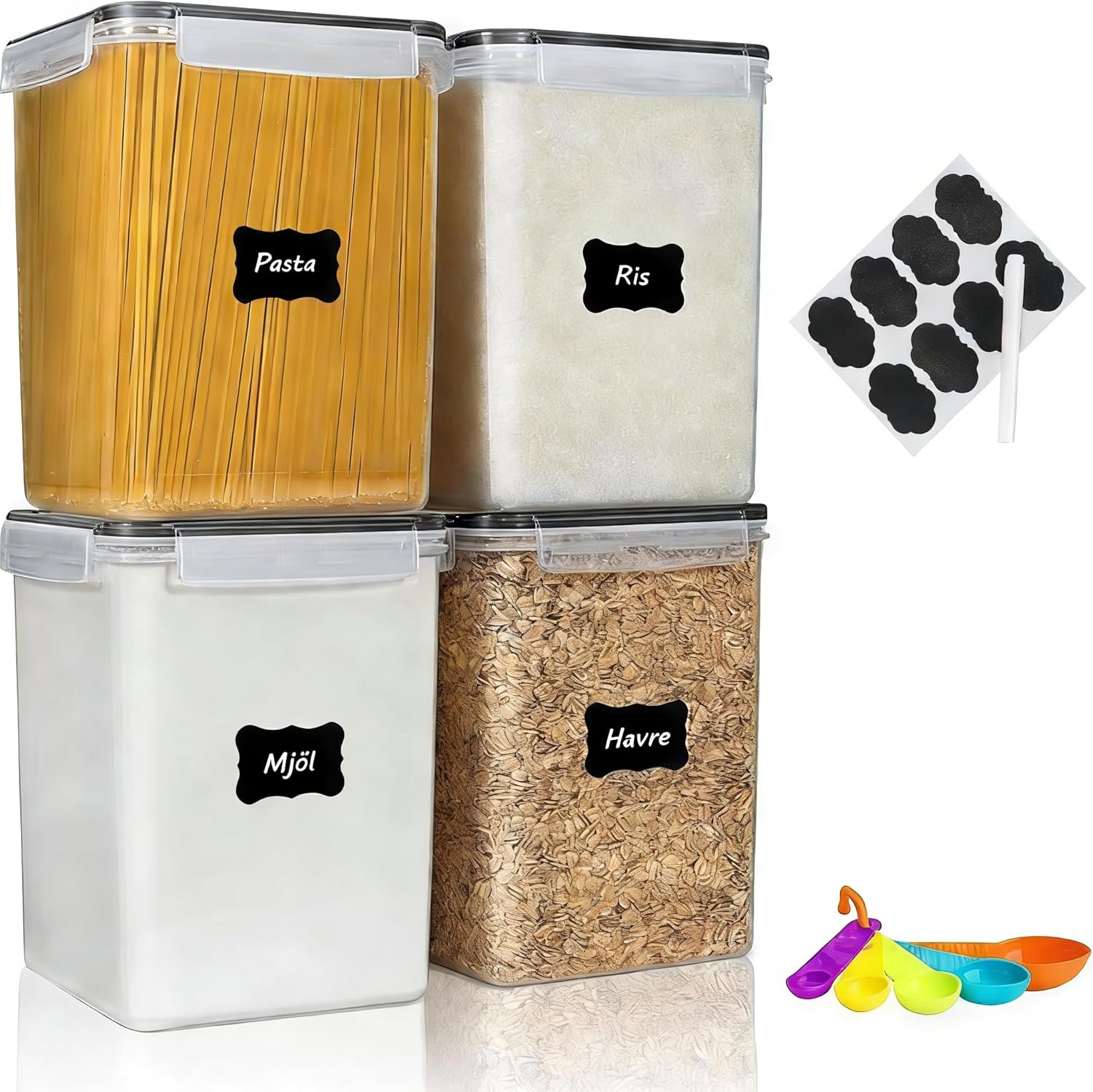 stusgo 42-pack förseglade förvaringsburkar med lock, genomskinliga plastburkar för förvaring av flingor, mjöl och socker