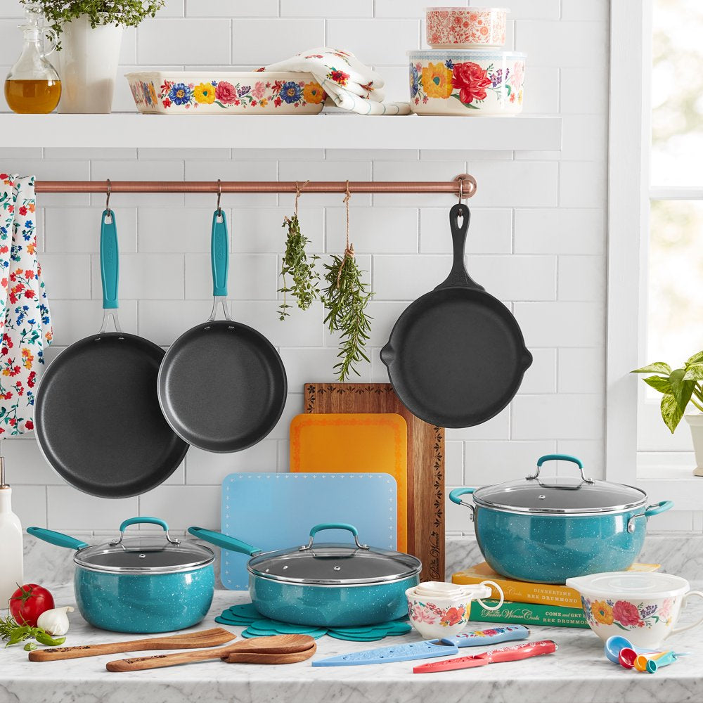 The Pioneer Woman Brilliant Blooms 38-Piece Cookware Set, Teal �C Complete Kitchen Solution with Floral Design