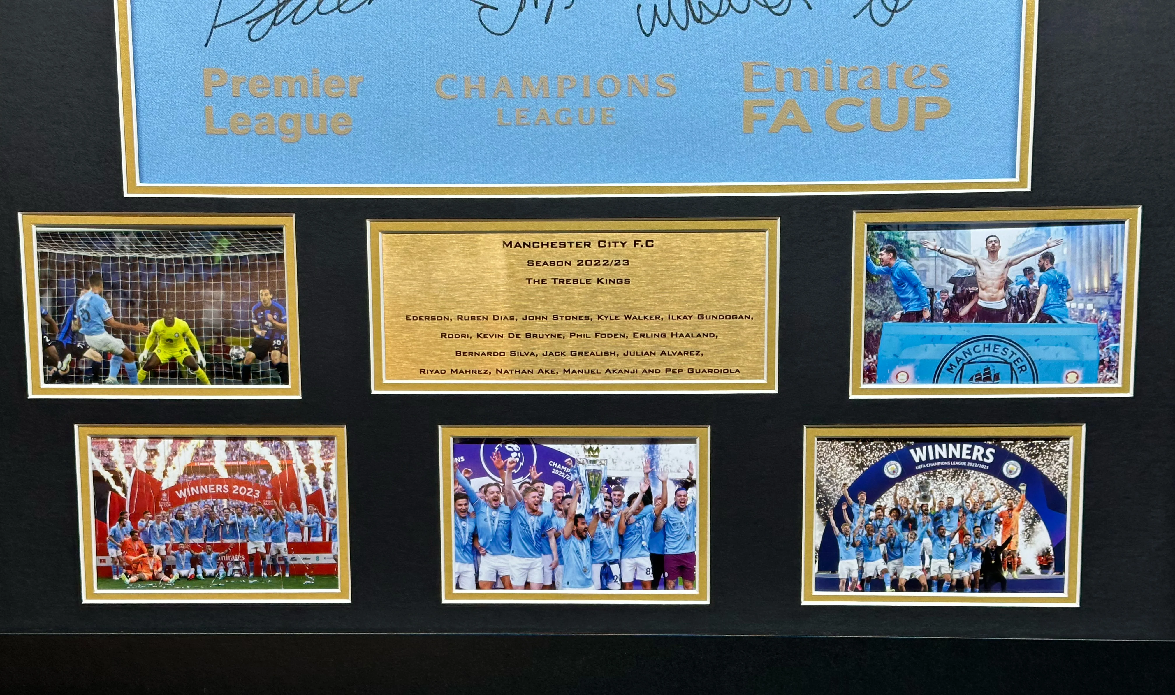 Manchester City 2023 season Treble Winners Team signed Shirt Frame