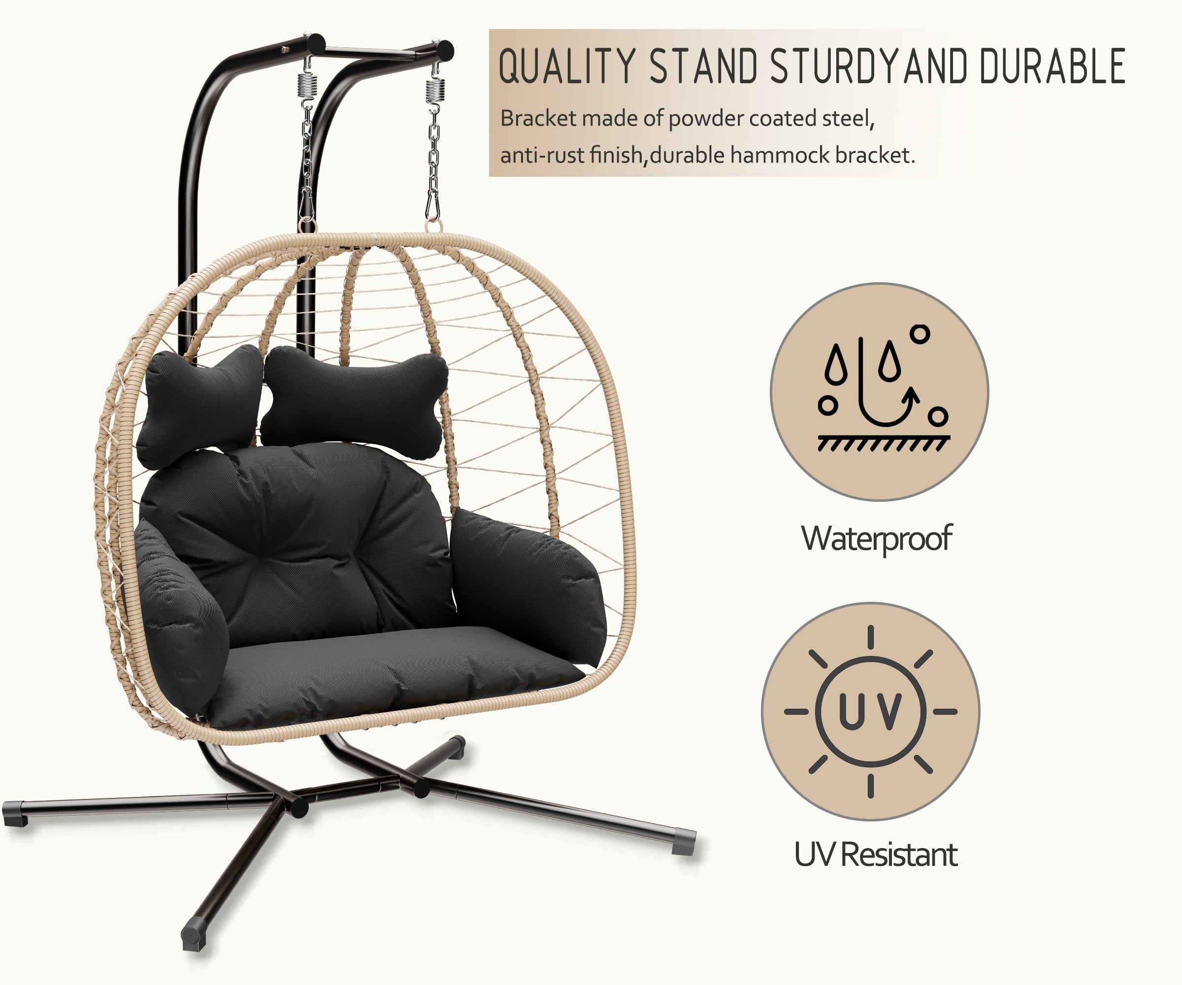 Bifanuo Double Wicker Swing Egg Chair Hammock Foldable Hanging Loveseat with Stand, UV Resistant Removable Cushions, 700LBS Capacity for Bedroom, Balcony (Black and Beige)