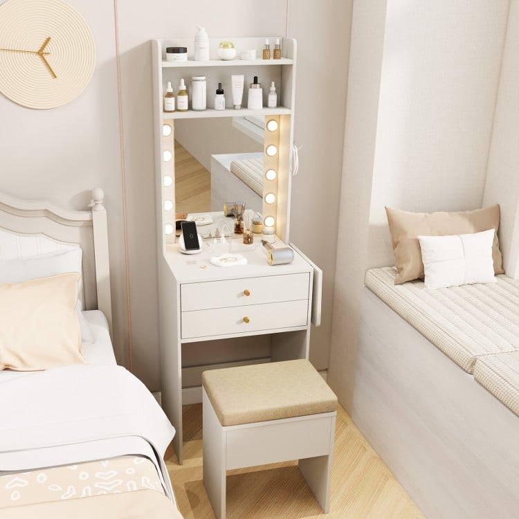 Compact Vanity Desk Set with 3-Color Lighted Mirror and Power Outlets