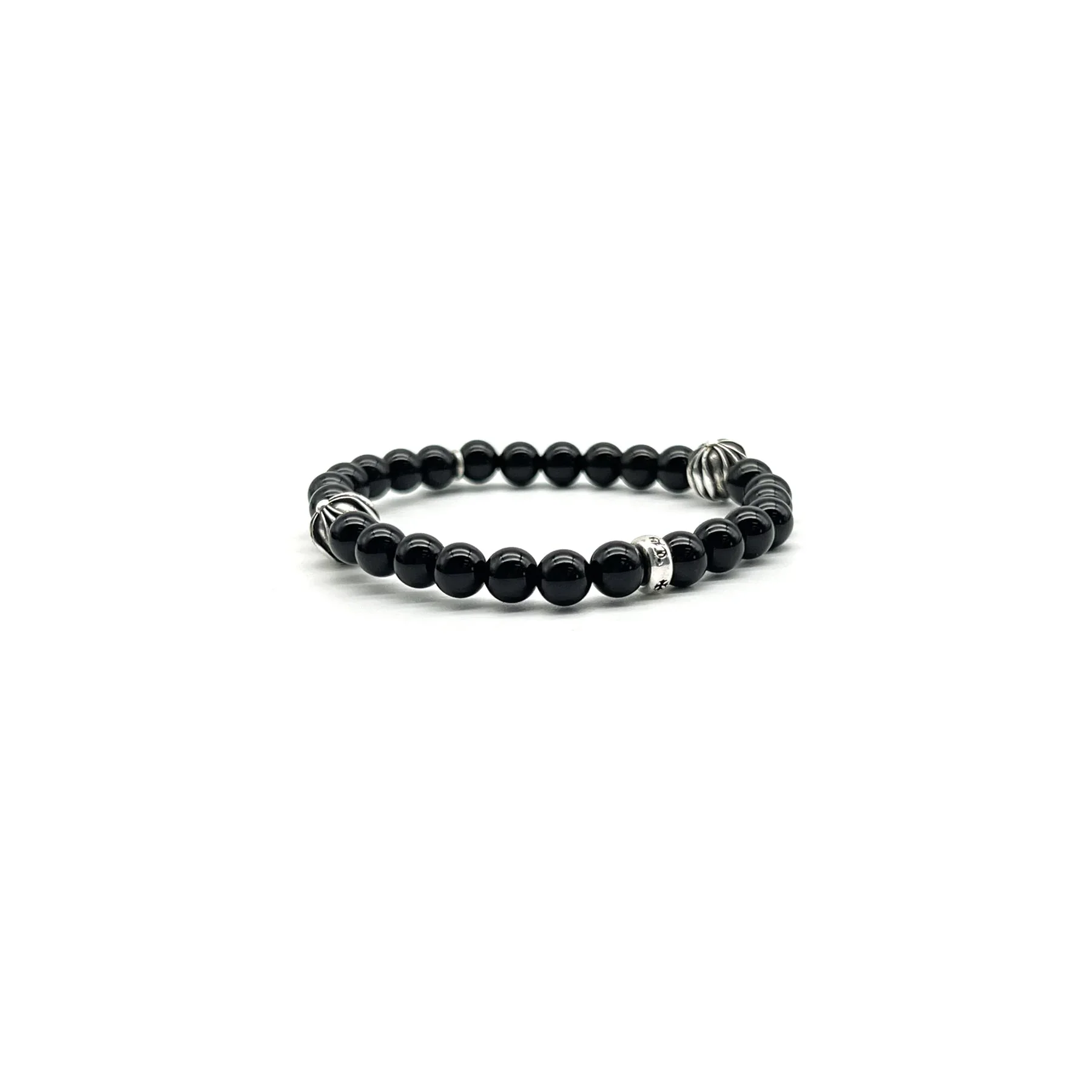 Chrome Hearts Jewely 6mm Obsidian Silver Cross Beaded Bracelet
