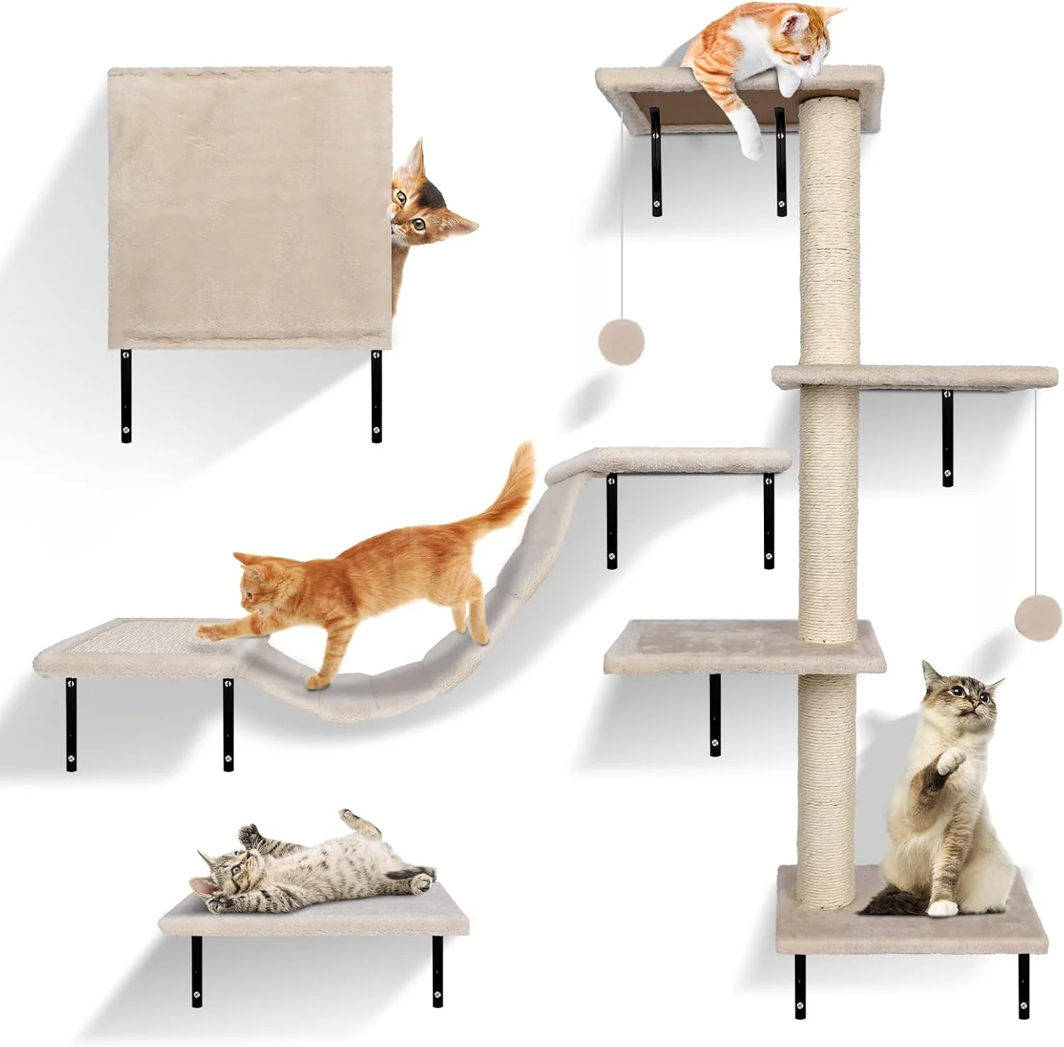 Zvonema Parete da arrampicata 10 pezzi-Amaca per gatti,Ponte sospeso con sisal antiscivolo,Tiragraffi con sisal,Riposo e mensola da parete da gioco con pallina,Parete da arrampicata per gatti fino a 10 kg