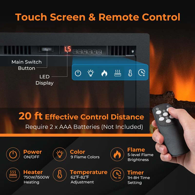 Eletriclife Electric Fireplace in-Wall Recessed with Remote Control