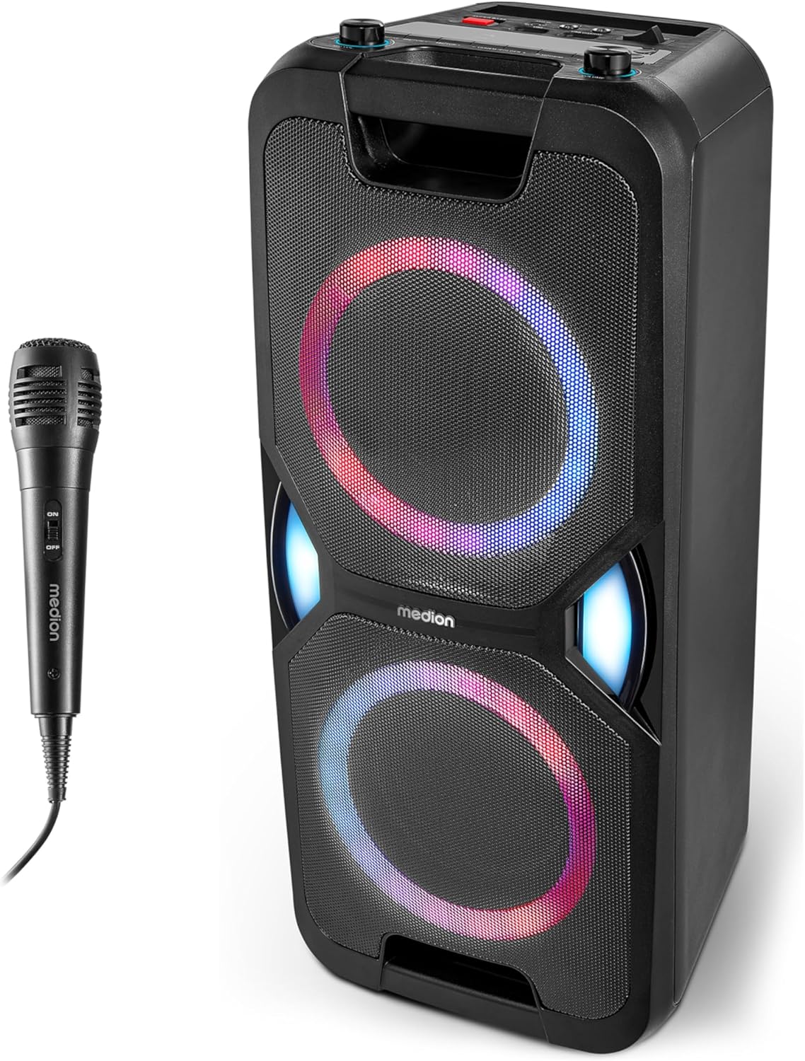 MEDION P61468 Party-Soundsystem (Partylautsprecher inkl. Mikrofon, Karaoke, Akku, UKW Radio, Bluetooth 5.0, Kompaktanlage, 2X 220 Watt, Farbige LED, USB, AUX, 2X Mikrofonanschluss)