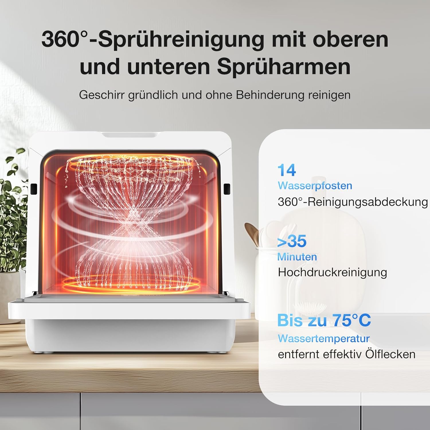 Mini Spülmaschine, BLITZHOME Geschirrspüler 8+2 Programme Smart App Steuerung Tragbarer Tischgeschirrspüler 5L Wassertank,mit/ohne Wasseranschluss Benutzbar, Trocken, Startverzögerung, Kindersicherung