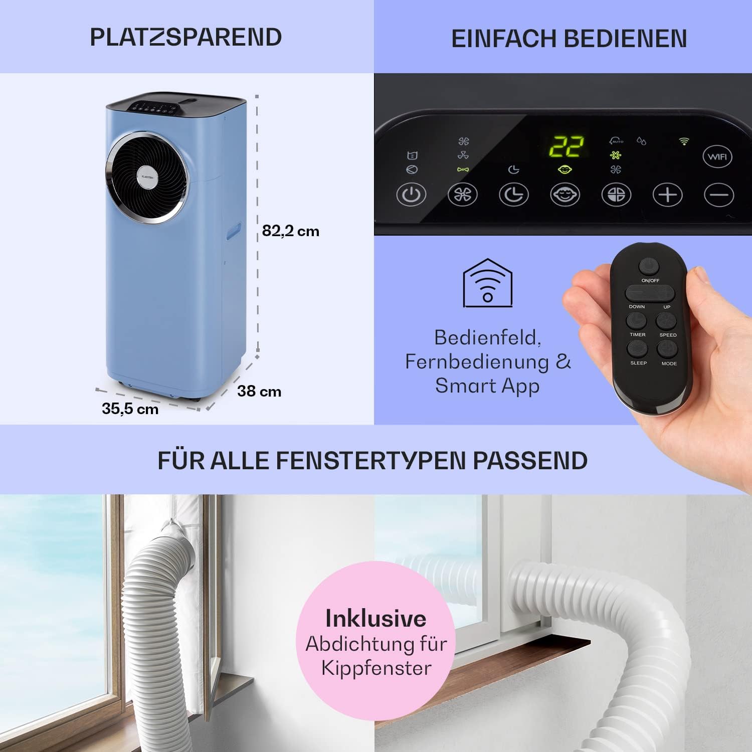 Klarstein Mobile Klimaanlage mit Abluftschlauch, 5-in-1 Klimagerät, Ventilator, Luftentfeuchter, Luftreiniger & Nachtmodus, App-Steuerung, Kleine & Portable für Wohnung & Büro, 12000 BTU