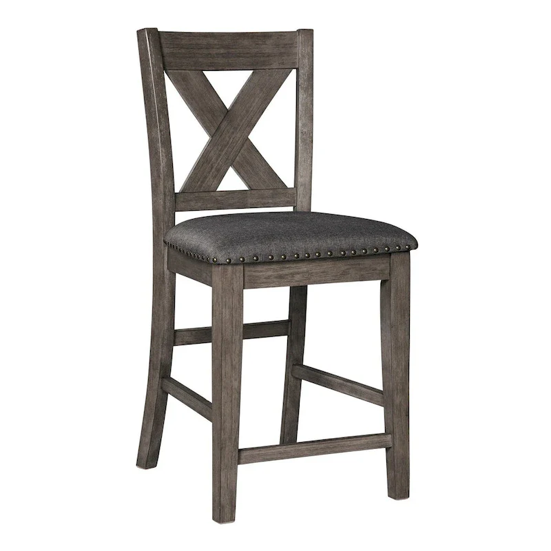 7 Piece Dining Table Set, Lattice Back Chairs, Dark Gray Wood, Polyester