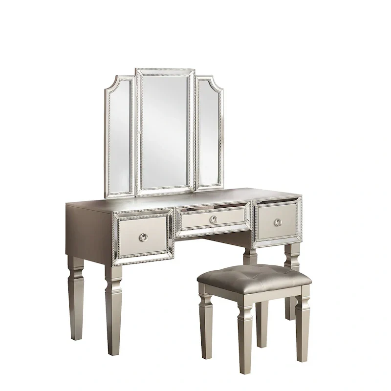Fabric and Wood Vanity Set with Matching Stool