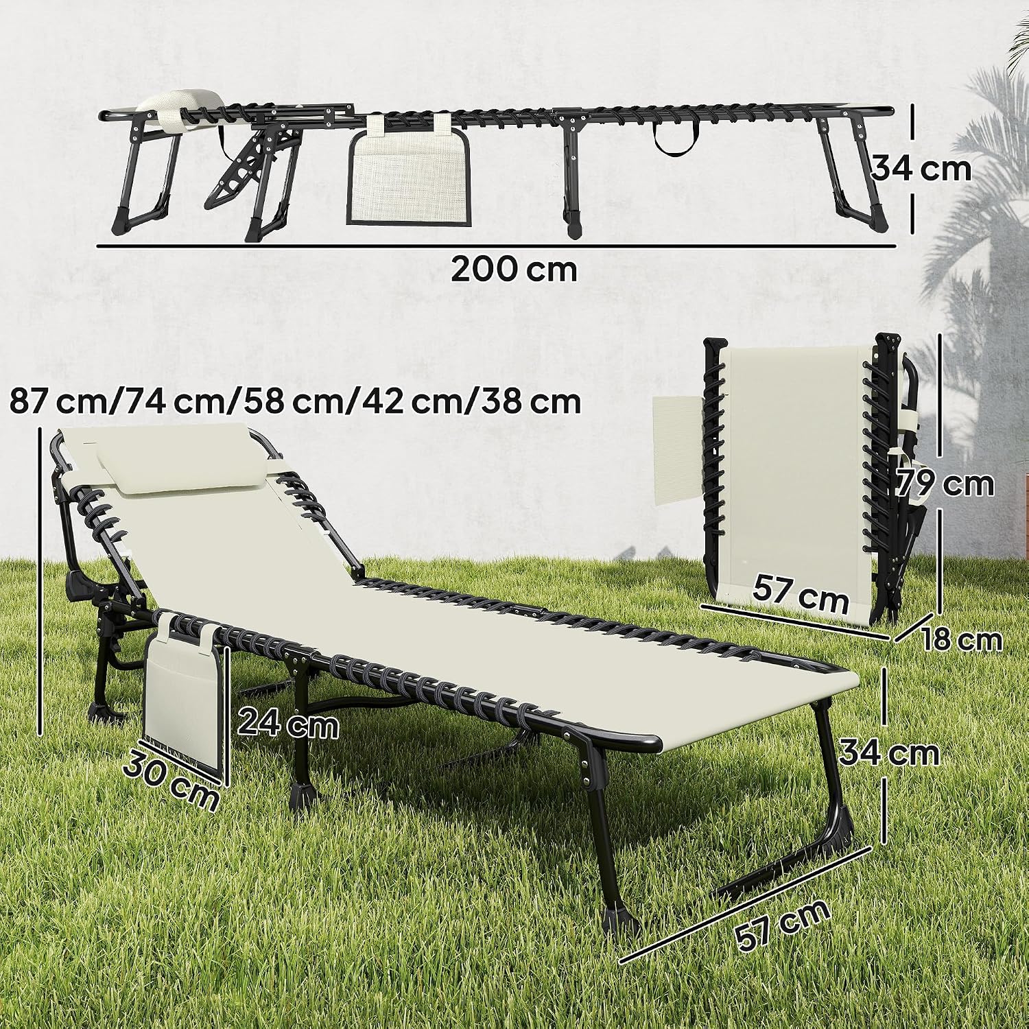 Outsunny Set de 2 Tumbonas Jardín Exterior, Tumbonas Plegables con Reposacabezas y Bolsillo Lateral, Respaldo Reclinable 5 Posiciones y Asiento de Malla Transpirable para Playa, Piscina, Blanco Crema