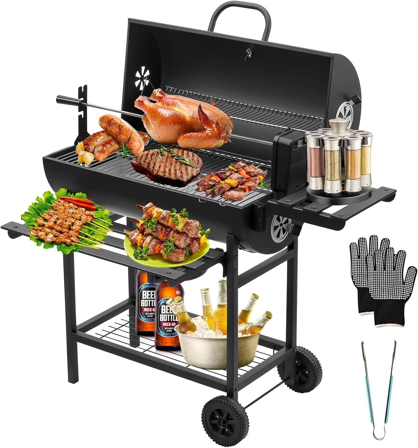 TEENO Barbecue a carbonella, con griglia XXL, guanto anti-ustioni, termometro, cassetto per la cenere, fessura di ventilazione regolabile, grande barbecue a carbonella (con griglia per pollo)