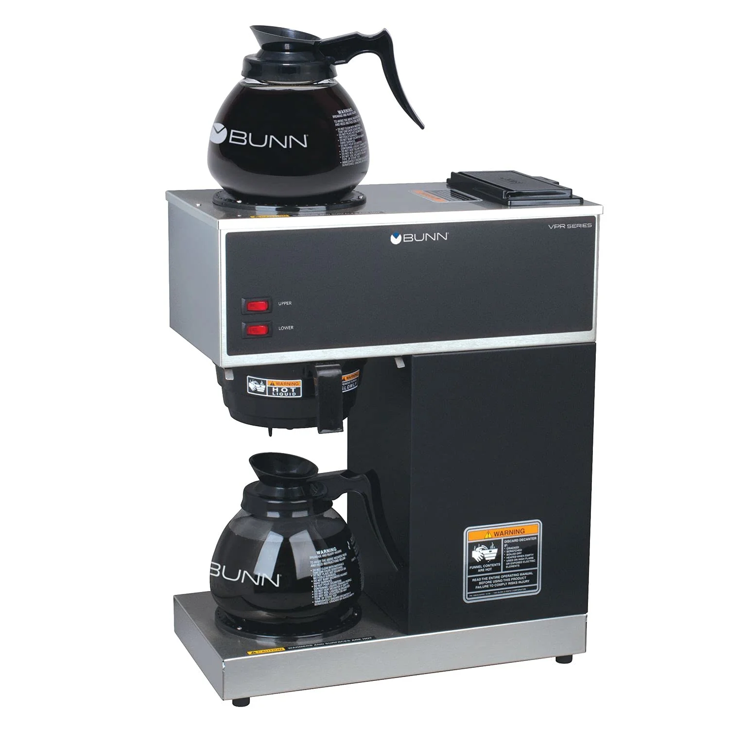 12-Cup Pourover Coffee Maker, Black, with Upper & Lower Warmers, 2 Glass Decanters, Commercial Use