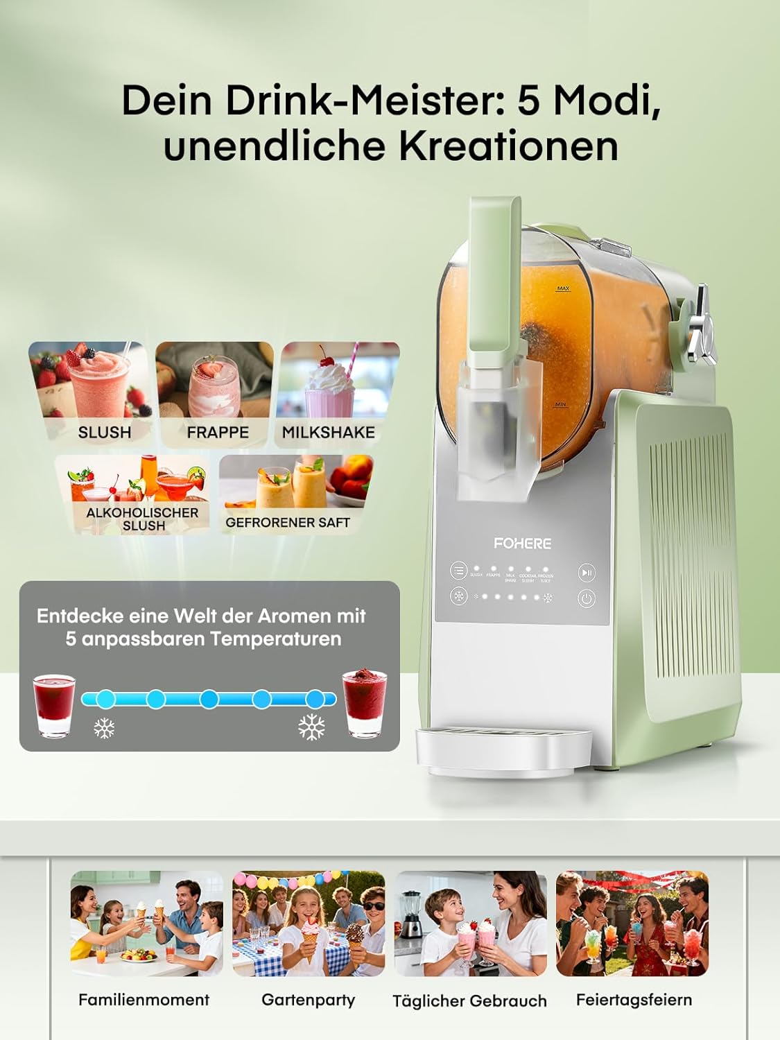 FOHERE Slush Maschine, 2,6L Slushie Maschine für Zuhause, Slush Eismaschine mit Selbstreinigung, Ohne Eiswürfel & 5 Smarten Programmen, für Slush, Eis-Cocktails, Frappé, Margaritas & Milchshakes