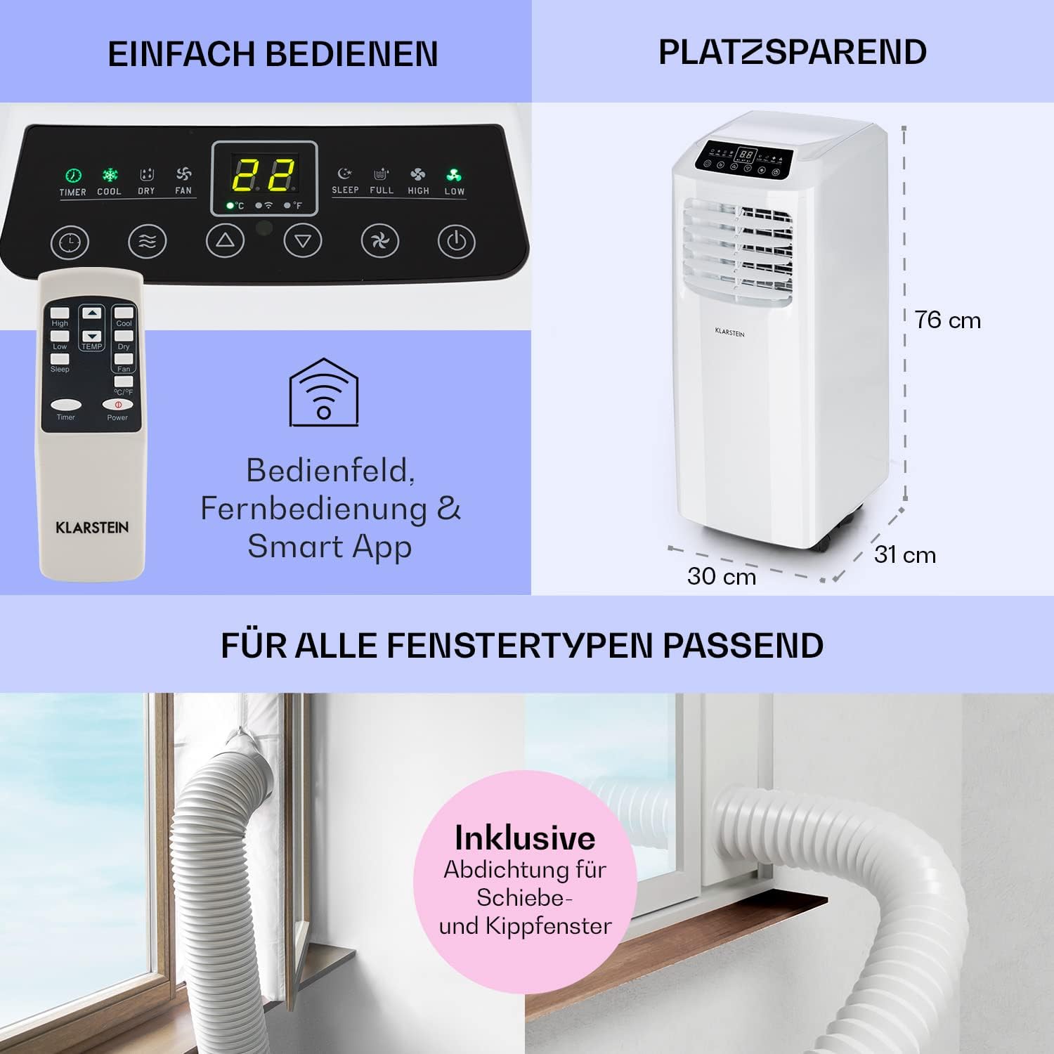 Klarstein Mobile Klimaanlage mit Abluftschlauch, 3-in-1 Klimagerät mit Ventilator & Luftentfeuchter, Kleine & Portable Klimaanlage für Wohnung & Büro, mit Nachtmodus & App-Steuerung, 7000 BTU