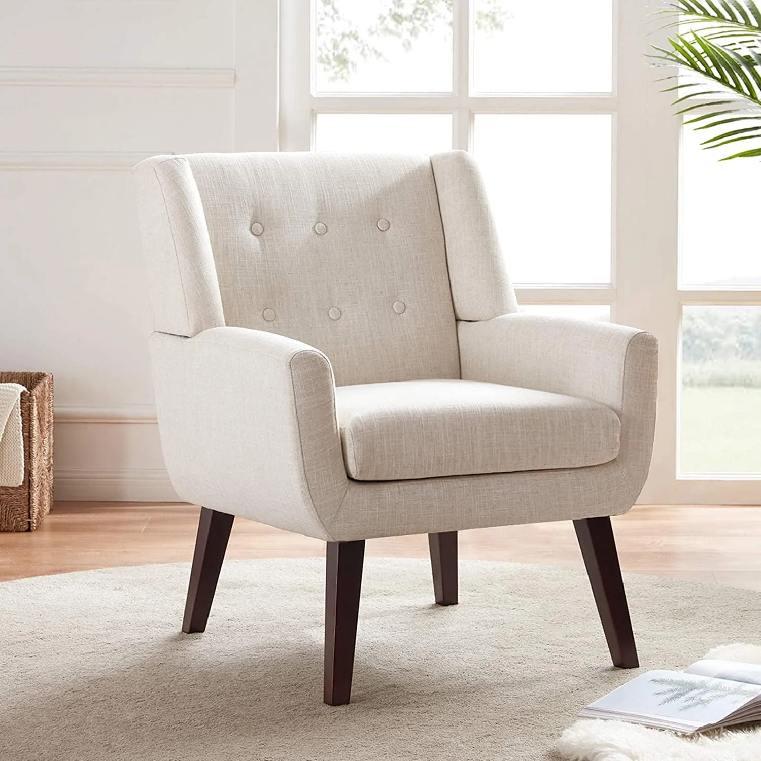 HUIMO  Accent Chair, Button-Tufted Upholstered  Living Room Chairs,  Mid Century Modern Comfy Reading Chairs for Bedroom, Living Room, Beige