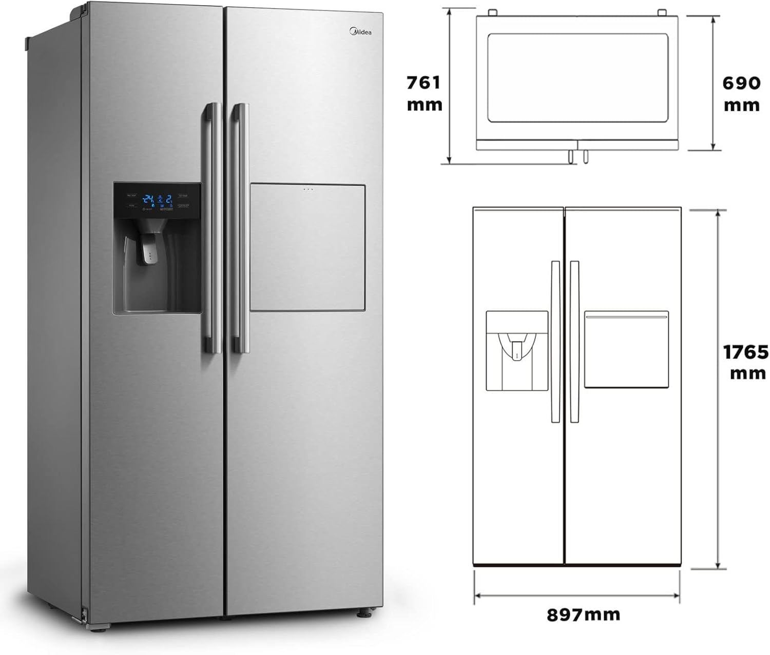 Midea KS-DDX 6.32 WT Side-by-Side Kühl-/Gefrierkombination/ 178,8 cm Hhe/ 254 kWh/Jahr/No Frost/Dual Inverter Compressor/mit 3in1 Wasser-/Eisspender und Wassertank, Dark Inox