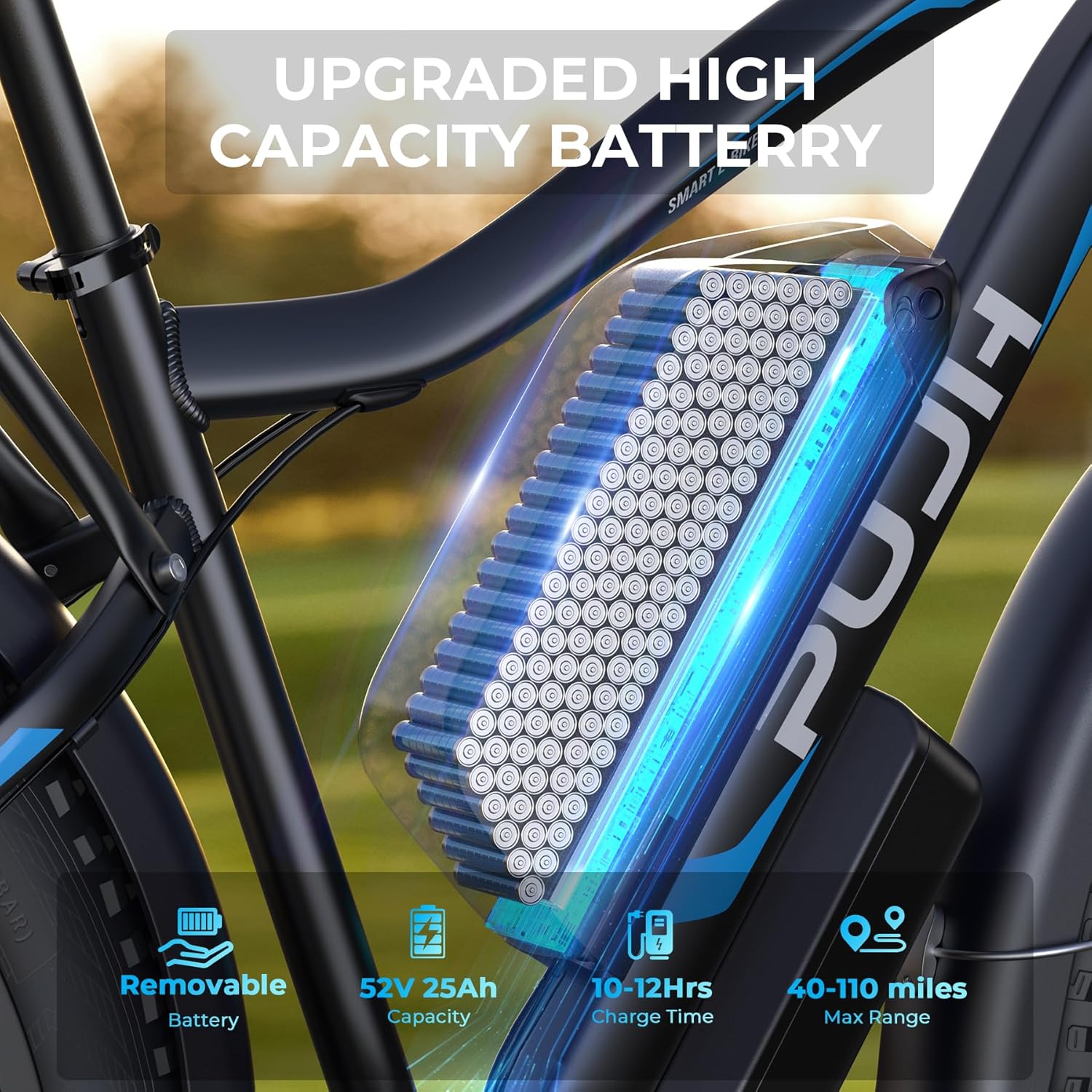 PUJH Snow Electric Bike, 52V 25Ah(1300Wh) Peak 3000W Dual Motor 26 Fat Tire Ebike for Adult, Max 36 mph & 40-110 Miles Electric Moped with Hydraulic Brakes, Off Road, Dirt, Mountain E Bicycle for Men