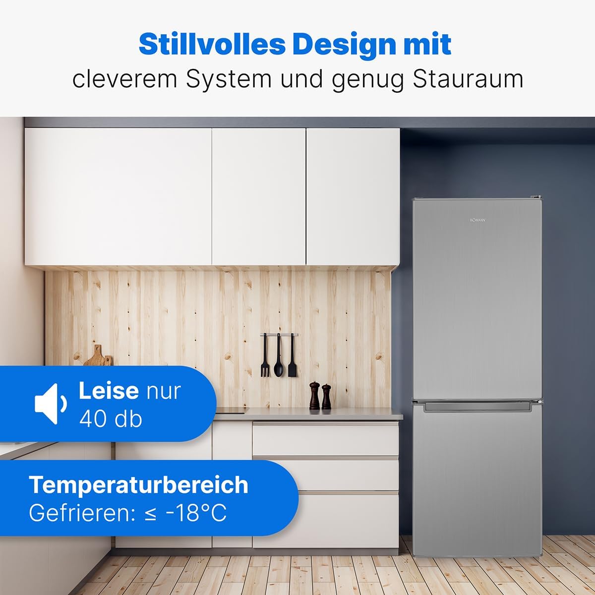 Bomann® Kühlschrank mit Gefrierfach 143cm hoch | Kühl Gefrierkombination 173L mit 3 Ablagen & 3 Schubladen | Türanschlag wechselbar | leise Kühlgefrierkombi 40db | Kühlschrank | KG 7331 inox