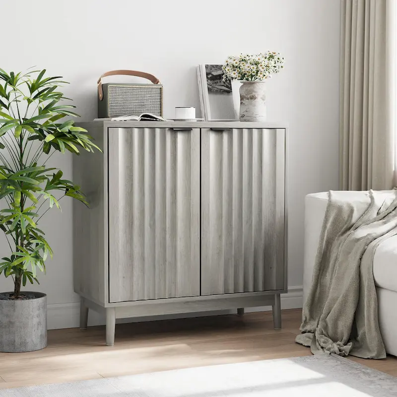 Freestanding Wash Grey Fluted Sideboard Cabinet with Adjustable Shelf - Stylish Wood Storage Solution