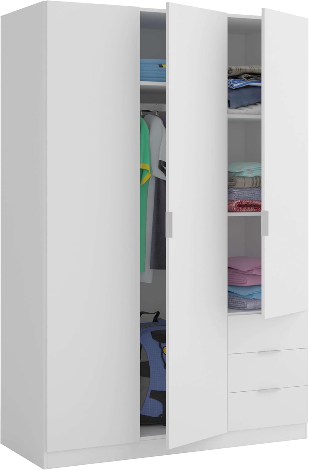 2026 Habitdesign Three Door and Three Drawer Wardrobe Closet, Artic White Finish, Measurements: 121 cm (W) x 180 cm (H) x 52 cm (D)