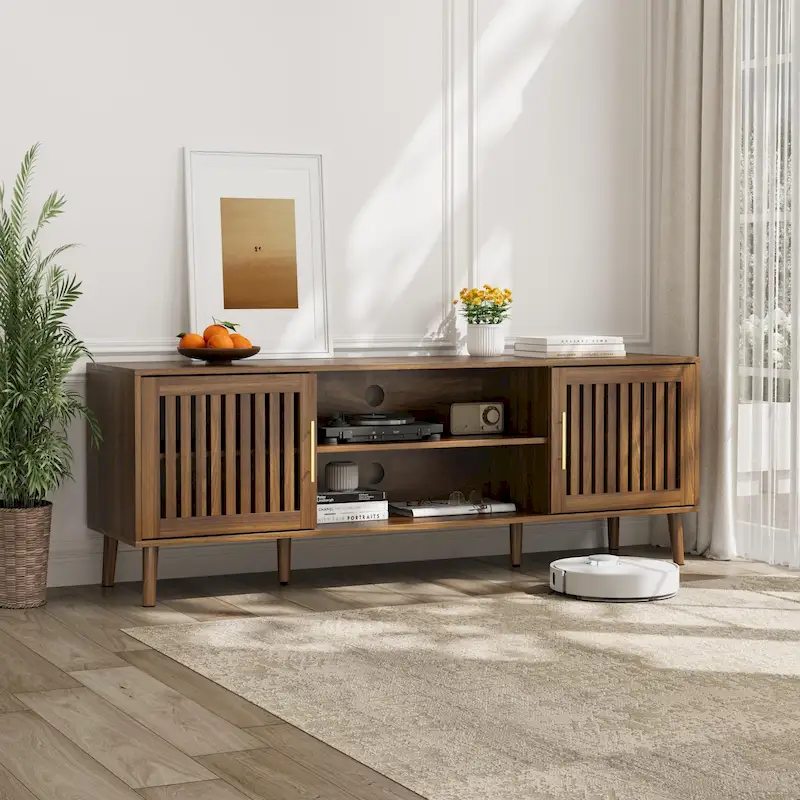 Farmhouse TV Stand with Slatted Doors and Storage Shelves