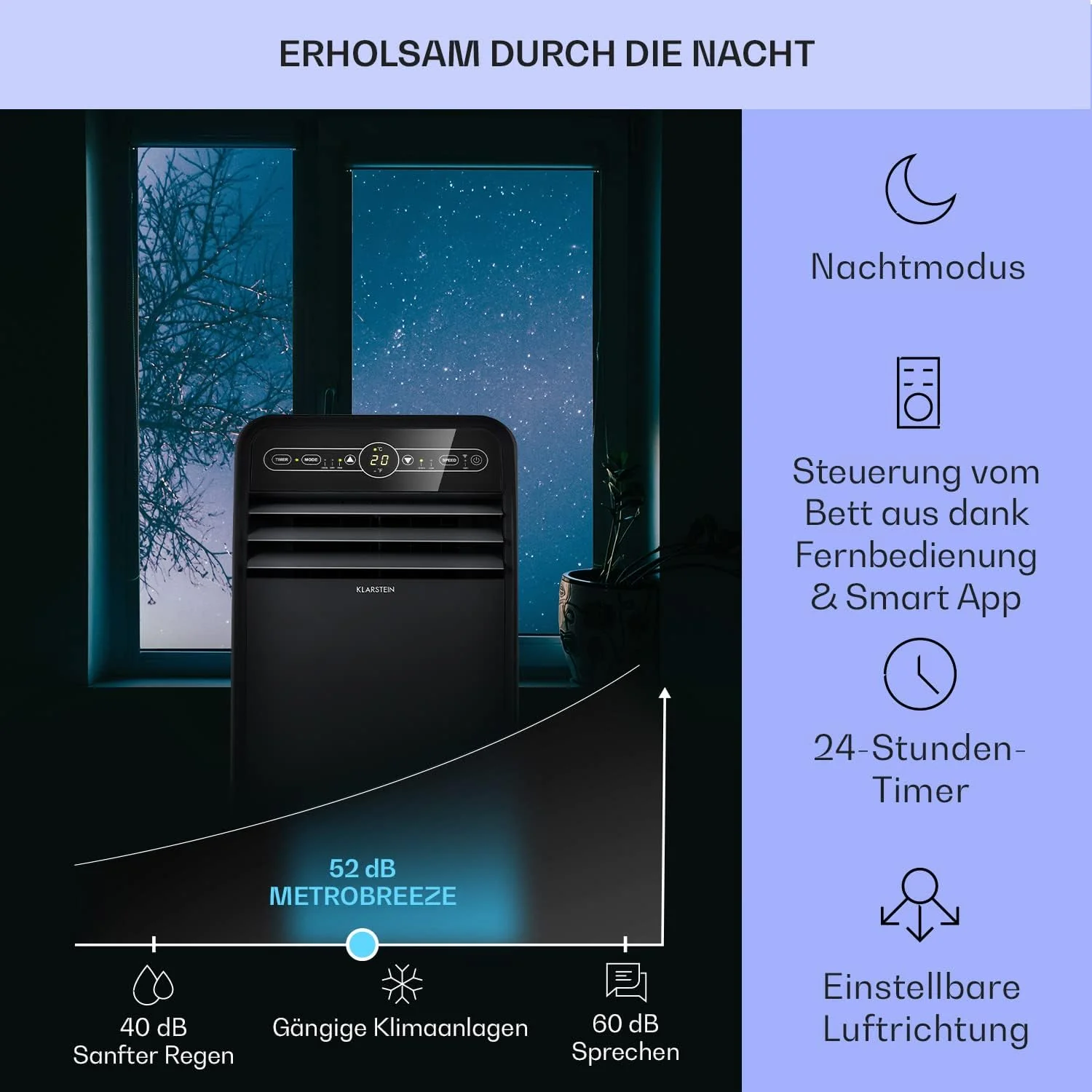 Klarstein Mobile Klimaanlage mit Abluftschlauch, 4-in-1 Klimagerät mit Ventilator, Luftentfeuchter & Nachtmodus, Kleine & Portable Klimaanlage für Wohnung & Büro, Niedriger Verbrauch, 9000 BTU