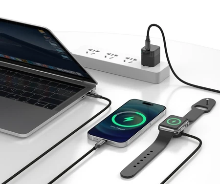 3-in-1 Ladekabel für Apple Watch  1,2 m �?USB-C 60W, Lightning 30W &Ladefunktion