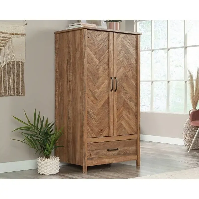Rustic Farmhouse Herringbone Wardrobe Armoire with 1 Drawer and Garment Rod - Dimensions: 22.5" L x 32.3" W x 59.3" H