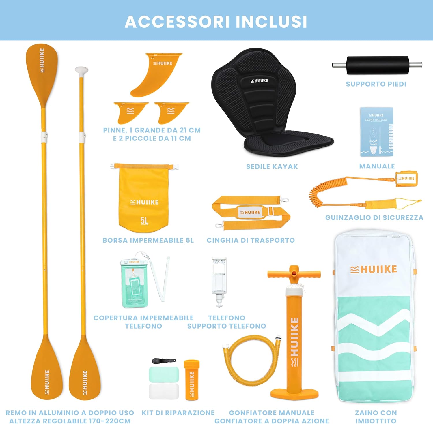 HUIIKE Tavola Sup Gonfiabile Adulti con Accessori Inclusi, Pagaia, Pinne, Pompa. Stand Up Paddle Board con Grande Stabilità e Resistenza. 305 x 84 x 15 cm, Carico Massimo 130 kg