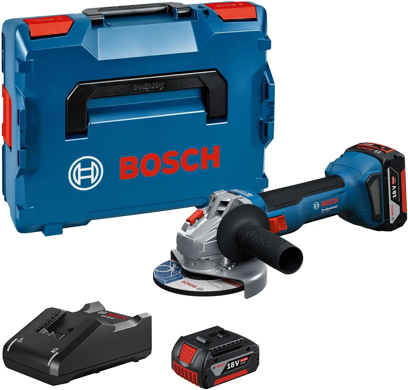 Amoladora Bosch Professional 18 V System amoladora angular a batería GWS 18 V-8 (diámetro del disco de 125 mm, incl. 2 baterías GBA 5.0 Ah, azul