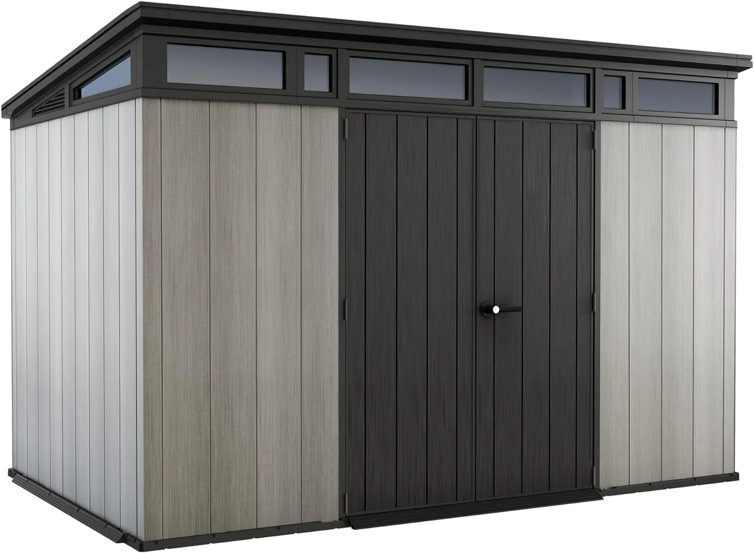 Keter Artisan Cobertizo de jardín de 11 x 7 cm, resistente a la intemperie, con suelo, techo inclinado, puertas dobles y ventanas, ideal para almacenamiento al aire libre, 342 x 218 x 226 cm, 13,7 m³,
