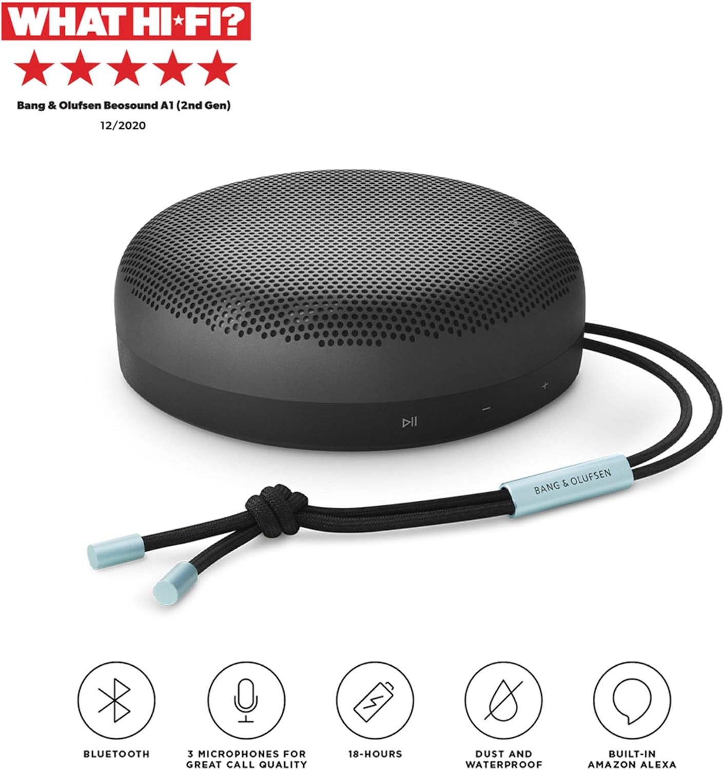 Bang & Olufsen Beosound A1 (2. Gen) – Kabelloser tragbarer IP67 wasserdichter Bluetooth-Lautsprecher mit 360-Grad-Sound, Alexa Voice Assistant & Speakerphone, 18 h Akkulaufzeit - Black Anthracite